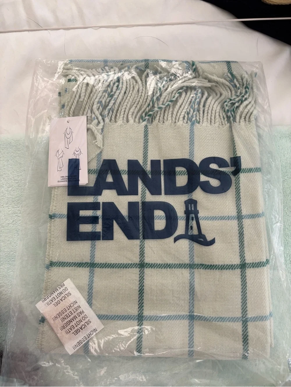 Lands' End Cream & Teal Windowpane Scarf